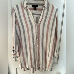 Tahari Linen Blend Roll Tab Striped LS - Coastal Button Up Tunic - High/Low - L